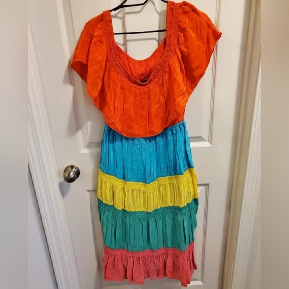Alice + Olivia Kia Smocked Rainbow Cold-Shoulder Dress Size 10 - Picture 11 of 12